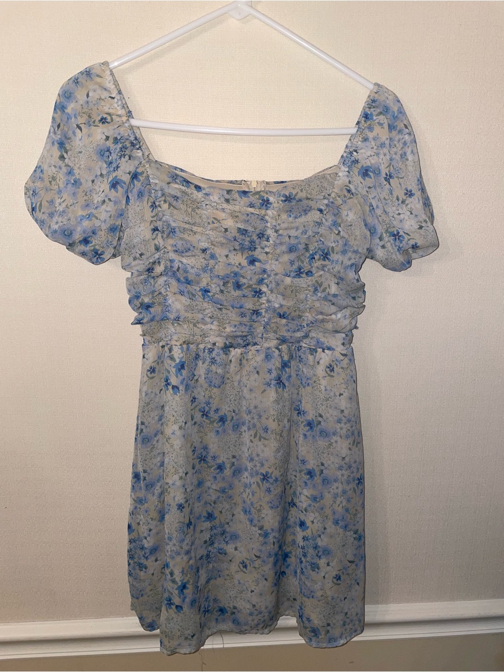 Blue Floral Puff-Sleeve Women's Dress